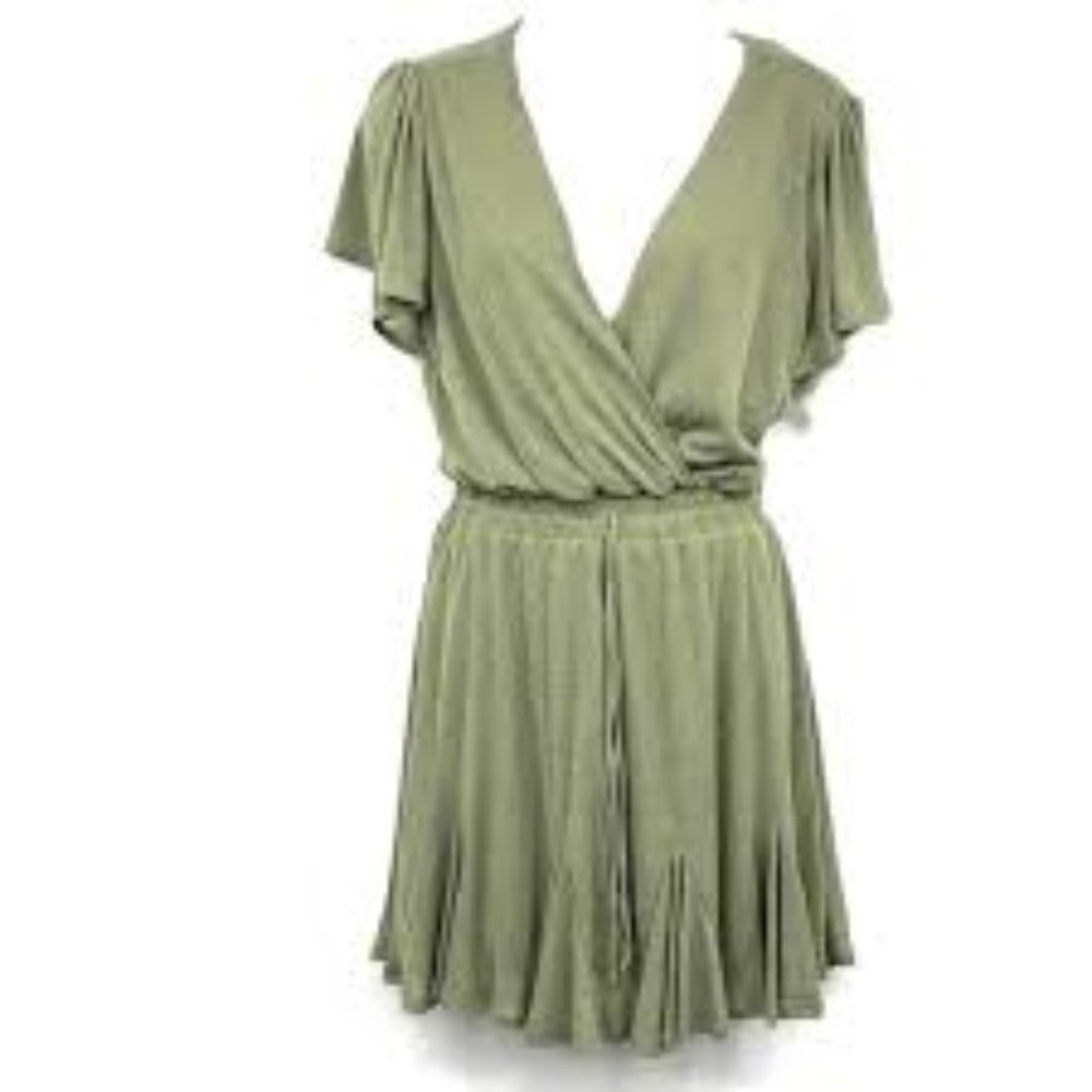ROW A | Flutter Sleeve Mini Godet Dress Light Olive Green Size S